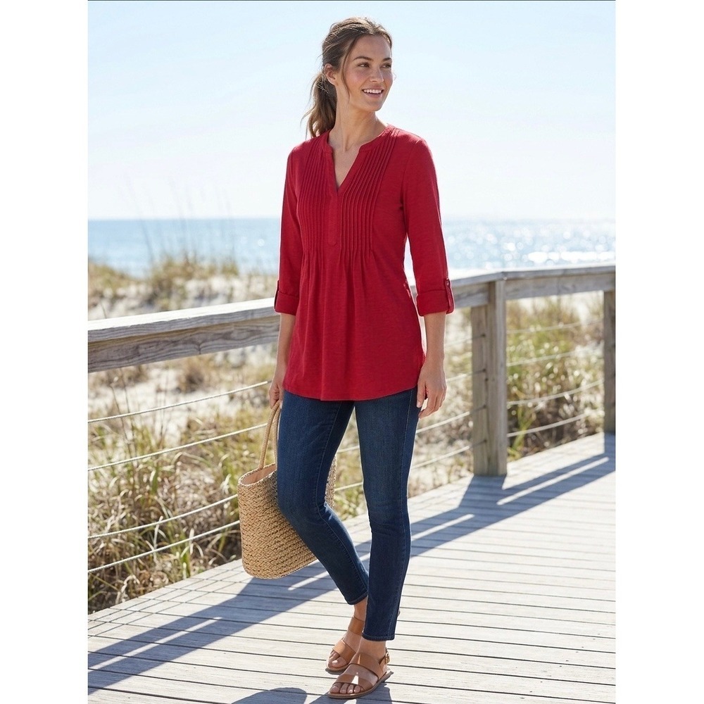 Athleta Day Dream Cover Up Tunic Red Cotton Silk Pintuck Roll Tab Sleeve Large